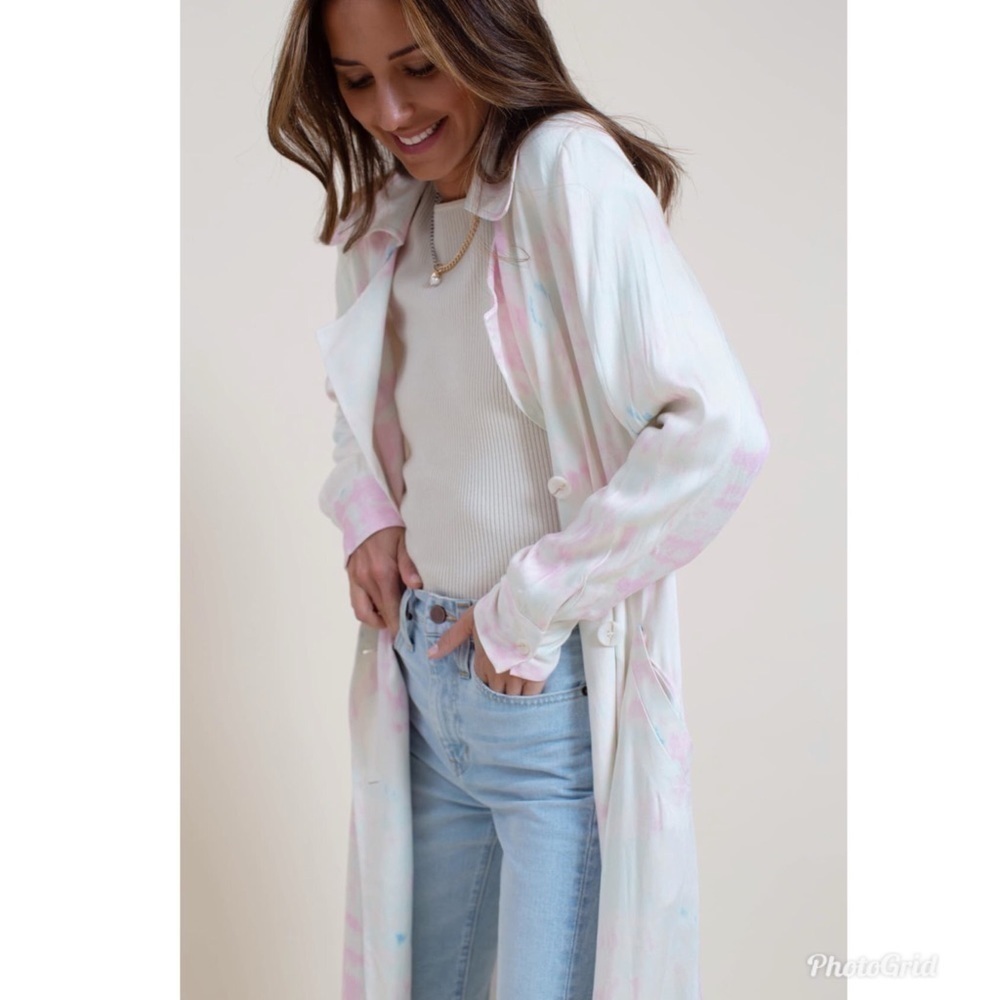 Something Navy Pink Satin Tie Dye Trench Coat XS